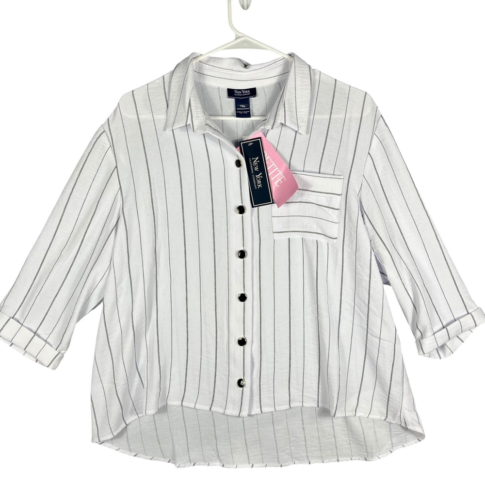 New York Clothing Company Button Front‎ Blouse Womens PXL White Striped Petite